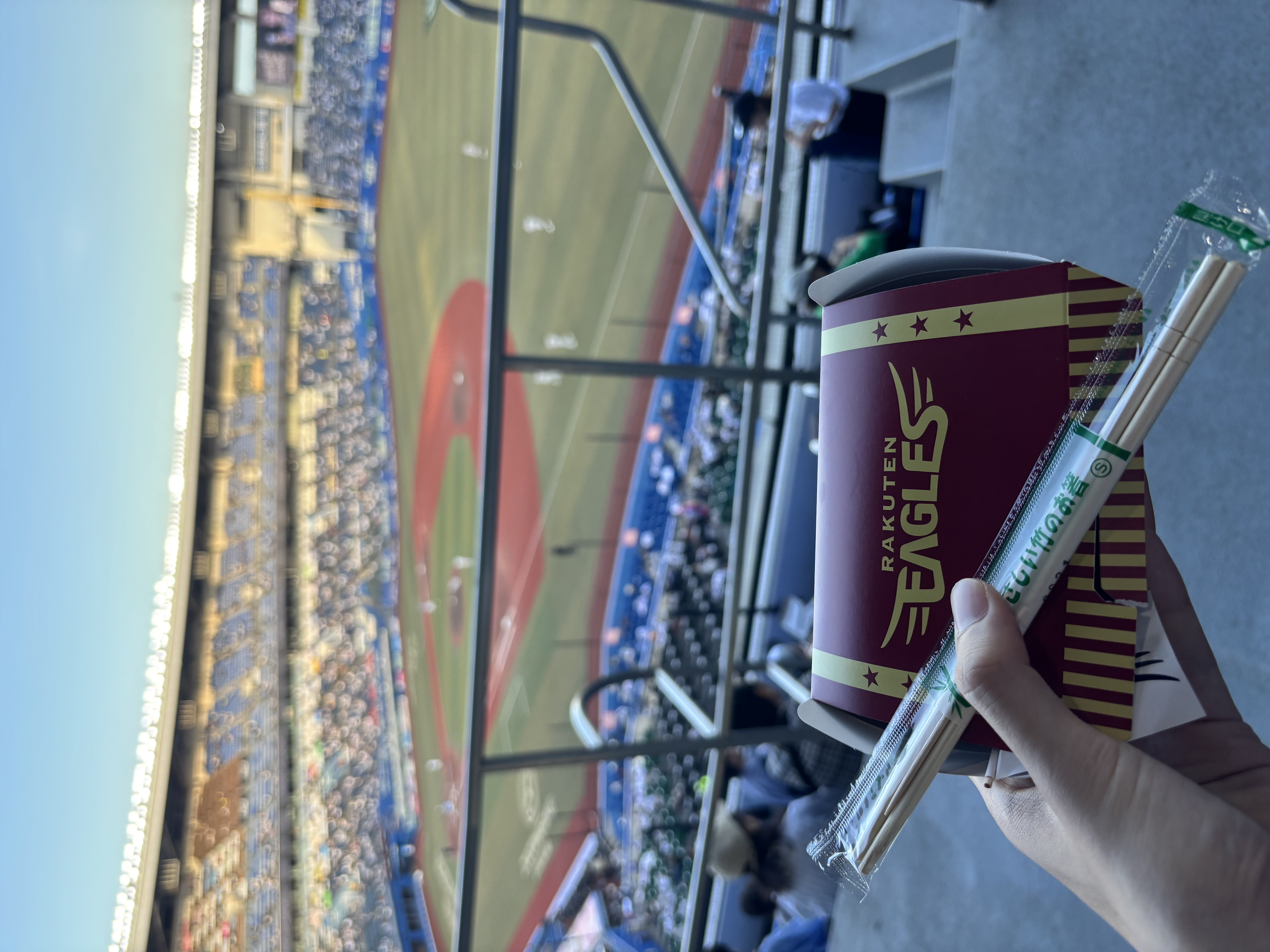 ZOZOマリンスタジアムで西武ライオンズファンの友人と千葉ロッテマリーンズvs日本ハムファイターズの試合を見ながら食べたイーグルス唐揚げの写真